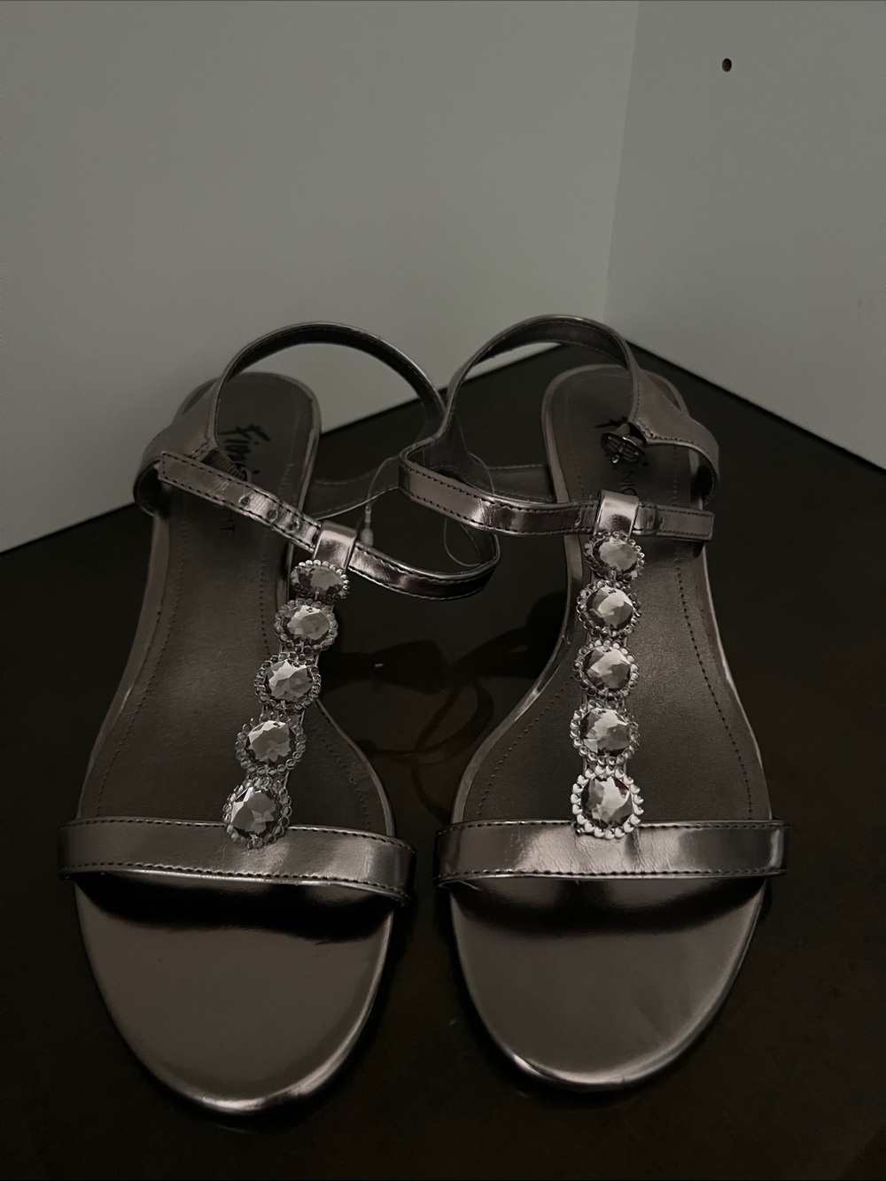 FIONI Clothing Metallic Gray Jeweled T-Strap Sandals